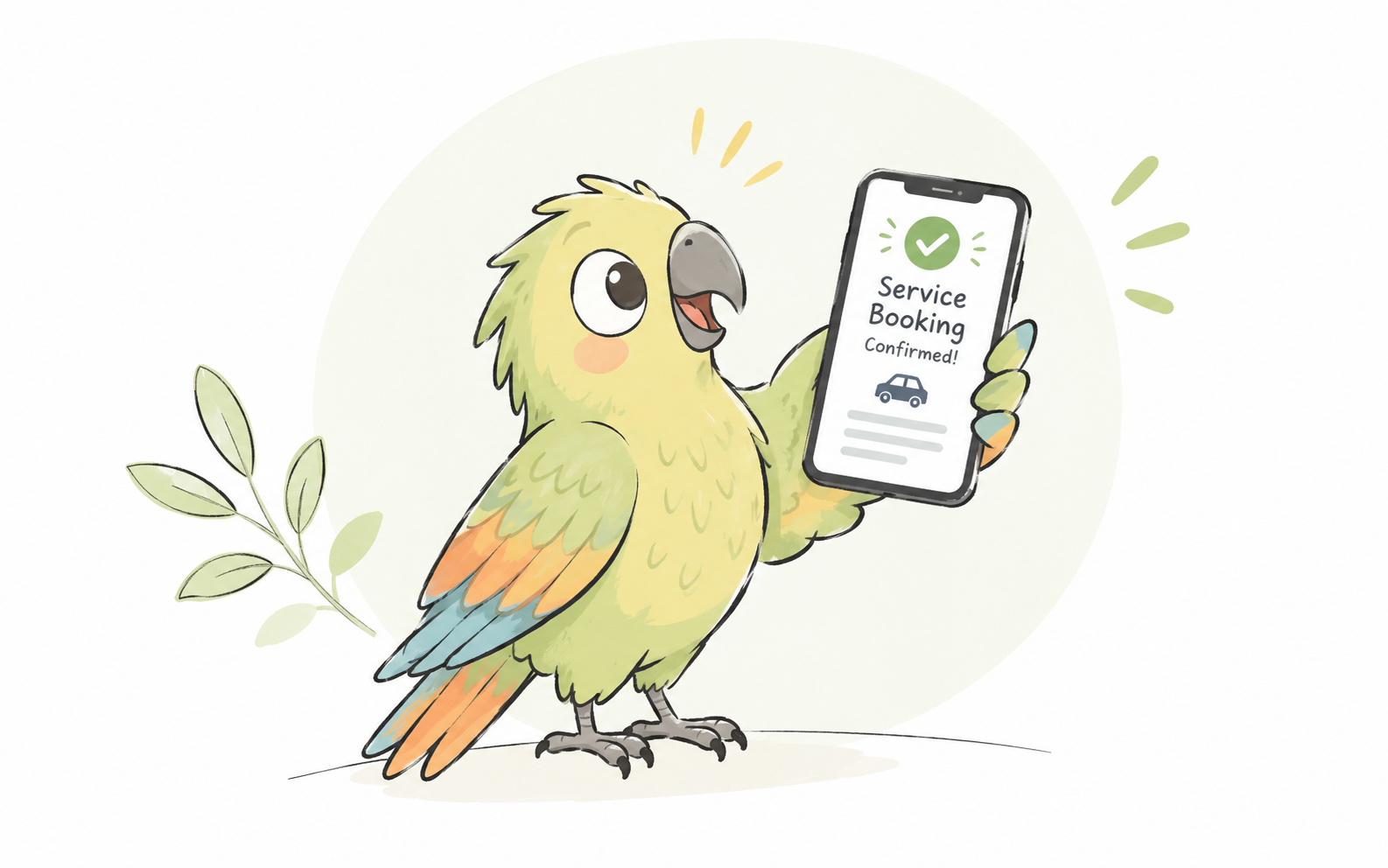 illustration of a bird holding a phone showing a confirmed service booking
